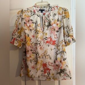 Floral Print Blouse with Coral, Yellow, and Cream